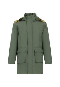 Zielona, ocieplana parka na zimę z długimi rękawami, przednimi kieszeniami z klapą, pełnym zamkiem błyskawicznym z przodu oraz sztucznym futrem na kapturze.