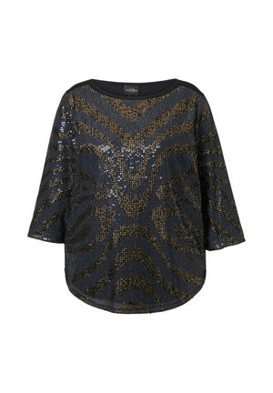 Zwarte pailletten top met een ronde halslijn en driekwart mouwen, met een golvend gouden en zilveren patroon. Gladde textuur, losse pasvorm.