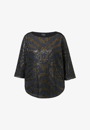 Zwarte pailletten top met een ronde halslijn en driekwart mouwen, met een golvend gouden en zilveren patroon. Gladde textuur, losse pasvorm.