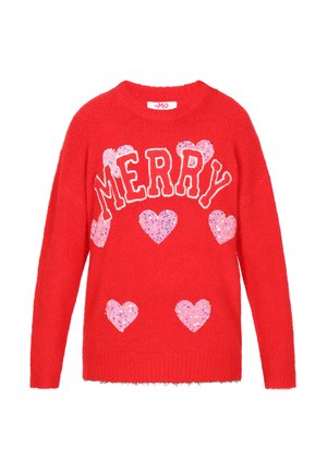 Červený pletený svetr s nápisem "MERRY" v bílých písmenech, zdobený flitrovými růžovými srdíčky, měkká textura a kulatý výstřih.