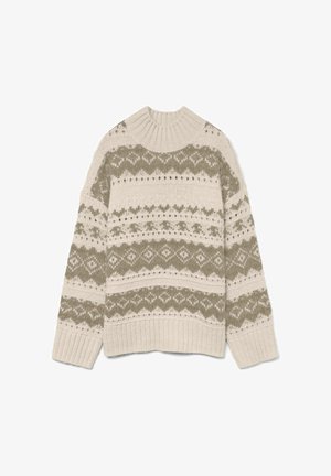 Pull en maille crème et vert olive, avec des motifs géométriques et des poignets côtelés. Col montant avec une finition texturée. Mélange de laine léger.