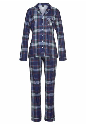 Navy- und Karierter Pyjama-Anzug mit einem Knopfverschluss-Oberteil, das eine Brusttasche und lange Ärmel hat, kombiniert mit passenden langen Hosen.