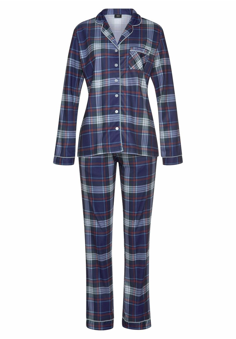 Navy and plaid pajama set featuring a button-up top with a chest pocket and long sleeves, paired with matching long pants.