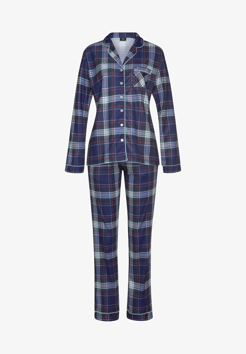 Navy and plaid pajama set featuring a button-up top with a chest pocket and long sleeves, paired with matching long pants.