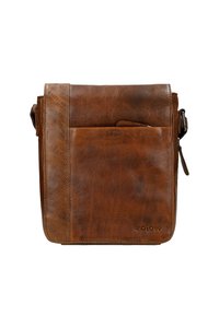 Sac messenger en cuir brun avec une poche avant, fermeture à rabat, bandoulière réglable et détails cousus. Design durable et fonctionnel.