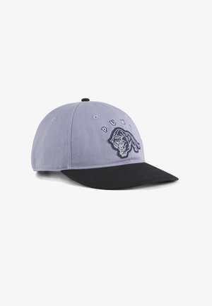 Casquette de baseball avec couronne gris clair, visière noire et logo puma brodé avec texte sur le panneau avant.