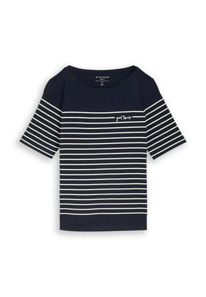 Marineblauw T-shirt met korte mouwen, witte horizontale strepen en de tekst "good times" op de borst.