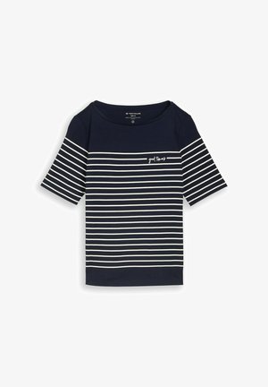 Marineblauw T-shirt met korte mouwen, witte horizontale strepen en de tekst "good times" op de borst.