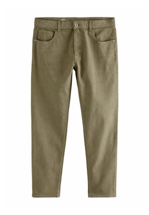 Olivgrön bomullsjeans med smal passform, fem fickor och knappstängning. Tyget har en slät textur och subtil lyster.