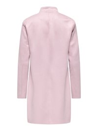 Achteraanzicht van een lichtroze lange jas met lange mouwen en een hoge kraag, afgebeeld tegen een witte achtergrond.