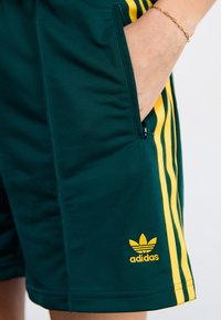 Žalios sportinės šortai su geltonomis juostelėmis ir „Adidas“ logotipu. Yra šoniniai kišeniai ir lygus, lengvas audinys.
