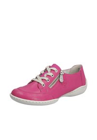 Pink leather shoe with a rounded toe, white sole, lace-up front, and a side zipper accent. Features stitching details and a textured finish.