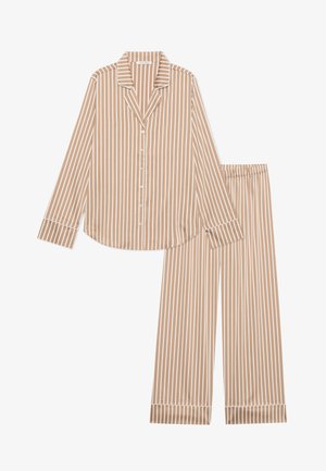 Beżowy i biały komplet piżamowy składający się z koszuli z guzikami, z kołnierzykiem i długimi rękawami, oraz pasujących spodni na gumkę.