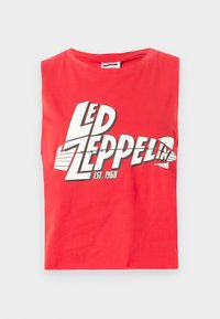 Red sleeveless t-shirt made of cotton. Features a large graphic print of "LED ZEPPELIN" with a fish symbol and "EST. 1968" in white.