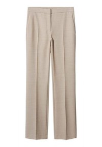 Pantalons beige à jambes larges avec une texture lisse, poches avant et fermeture éclair dissimulée. Conception ajustée avec des détails de pli marqué.
