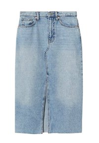 Vaaleansininen farkkuhame, polvipituinen, edessä halkio, klassinen viisi taskua -malli ja vyölenkit vyötäröllä. Hieman haalistunut pinta.