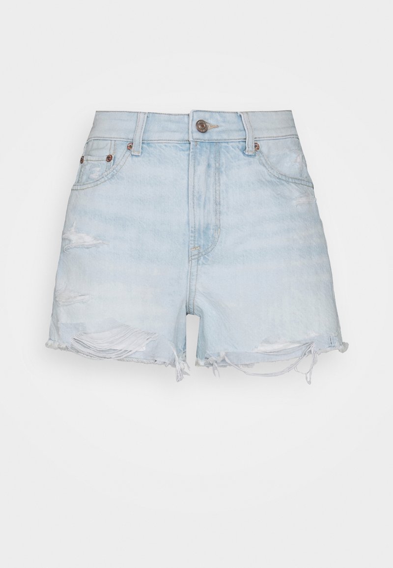 Svetle modré džíny šortky s vysokým pasem, s opotřebovanými detaily, třepeným lemem a pěti kapsami, se zapínáním na kovový knoflík a zip.