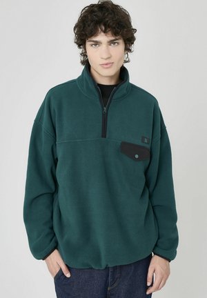 Pull-over polaire vert avec un col zippé mi-hauteur, une poche poitrine noire et des accents noirs contrastants. Texture douce et coupe décontractée.