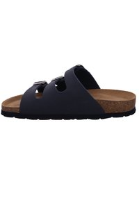 Svart sandal med öppen tå, tre spännen, korkfotbädd, gummisula, slät yta och utskärningsdesign.