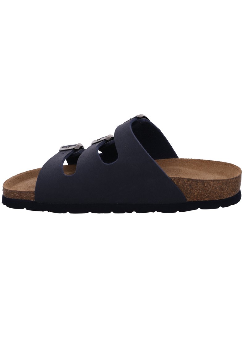 Svart sandal med öppen tå, tre spännen, korkfotbädd, gummisula, slät yta och utskärningsdesign.