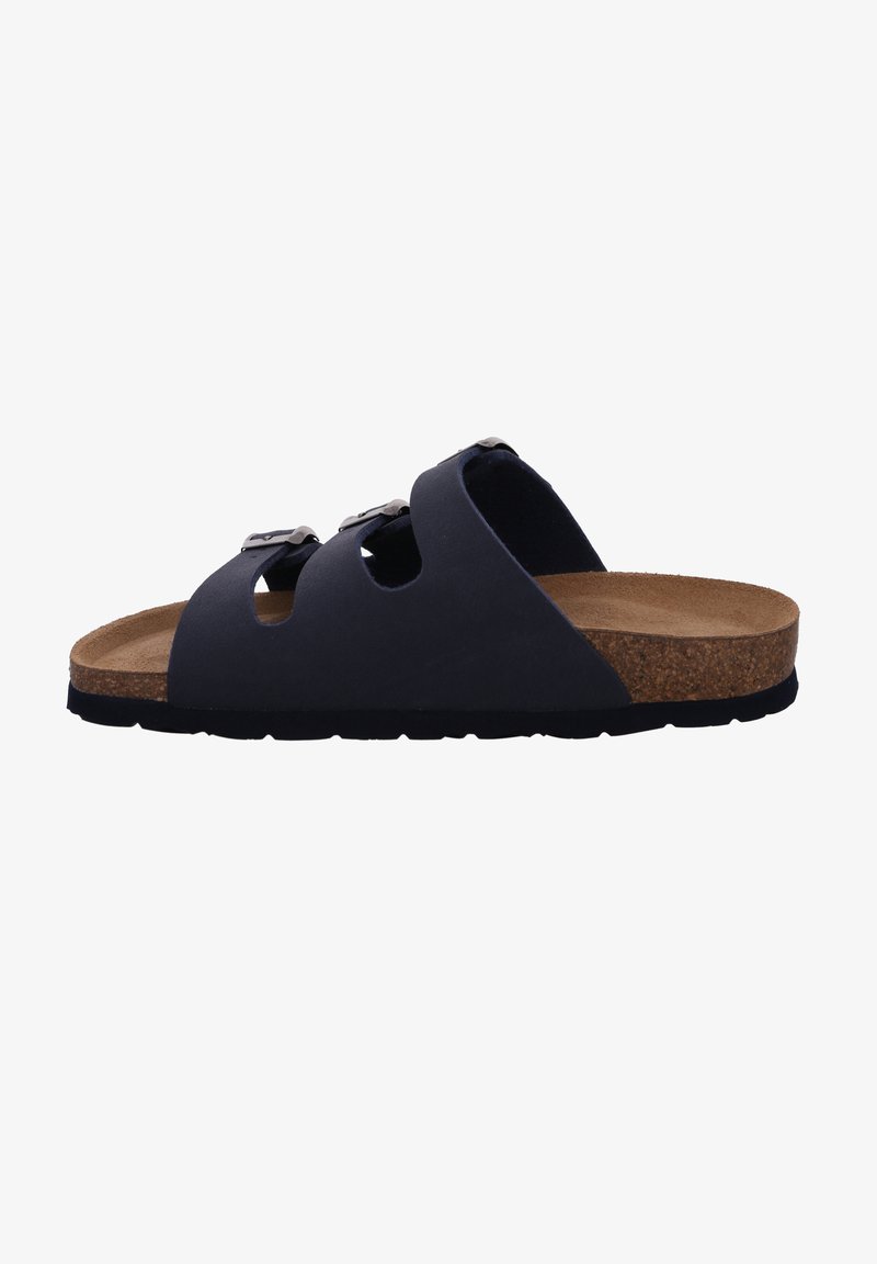 Sandalo nero open-toe con tre cinturini con fibbia, plantare in sughero, suola in gomma, texture liscia e design con ritagli.