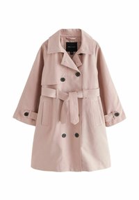 Ljusrosa trenchcoat med dubbelknäppning, svarta knappar och midjeh�öjd med bälte. Har stora kragar och strukturerade ärmar.