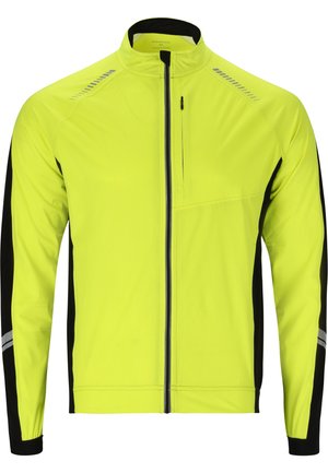 Helle gelbe Sportjacke mit schwarzen Akzenten, ausgestattet mit einem hohen Kragen, vollem Frontreißverschluss und reflektierenden Streifen auf den Schultern.