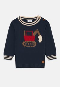 Pull en marine avec finition côtelée et col rayé. Présente un design tricoté d'excavatrice rouge sur le devant. Fabriqué en tissu doux et texturé.