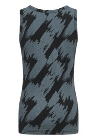 Mouwloos zwart tanktop met een gestructureerd blauw abstract patroon. Zacht katoenen materiaal met een ronde halslijn en gestikte randen.