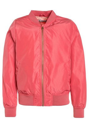 Lys koralfarvet pink bomberjakke med frontlynlås, ribbede manchetter, krave og talje, med sidelommer og glat stofstruktur.