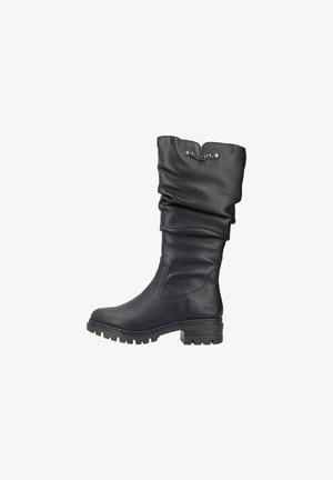 Black leather knee-high boots with a slouch design, textured finish, and a small metal chain accent at the opening. Chunky tread sole.