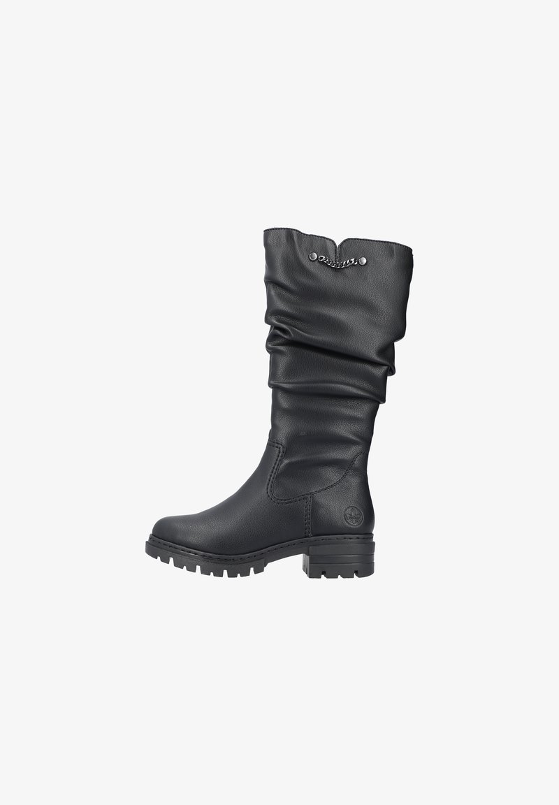 Black leather knee-high boots with a slouch design, textured finish, and a small metal chain accent at the opening. Chunky tread sole.