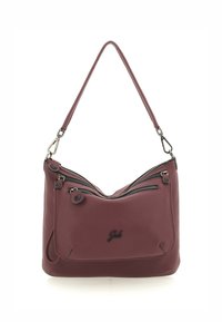 Borsa a mano in pelle bordeaux con due scomparti con zip, forma piatta, tracolla corta e dettaglio logo discreto. Inserti in metallo argento.