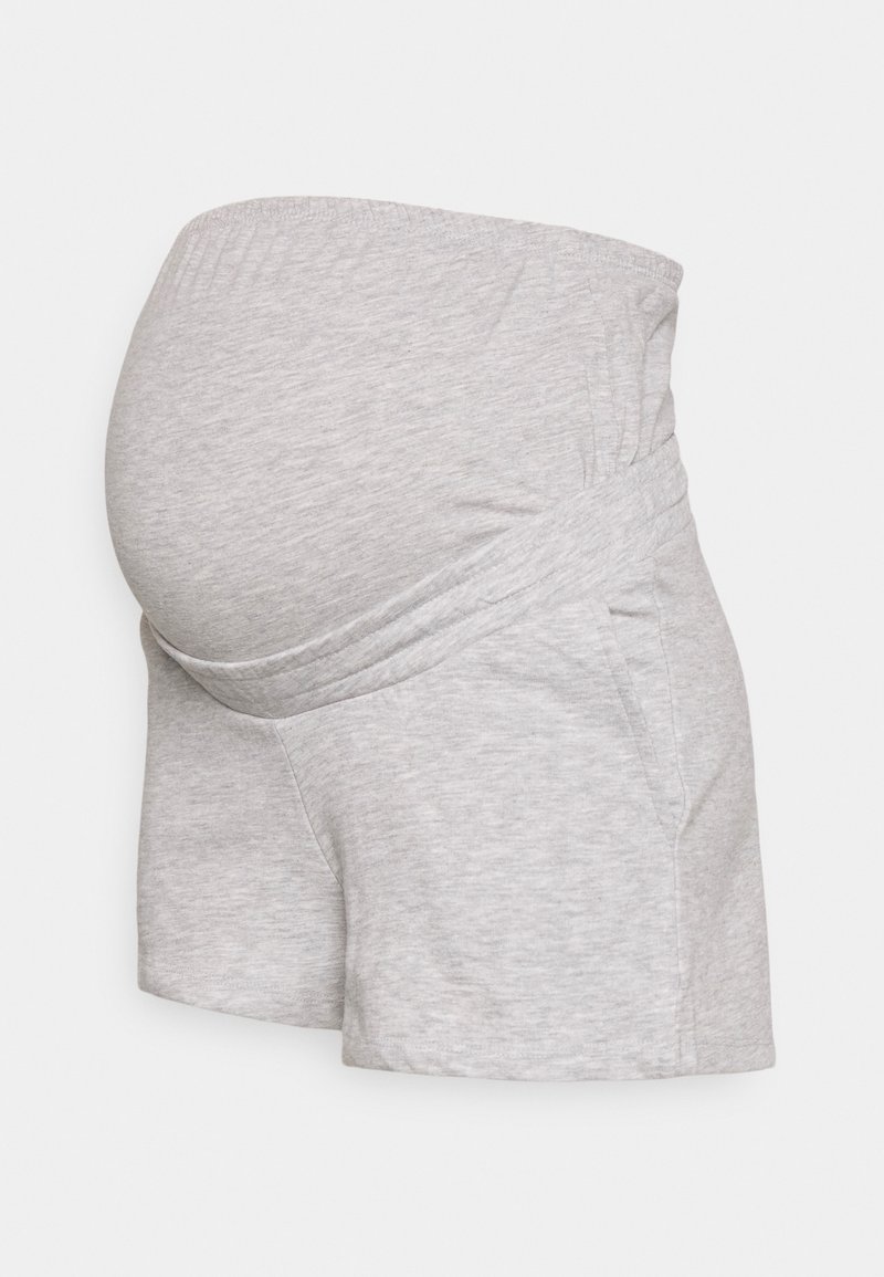 Short de maternité gris avec une taille haute extensible conçue pour soutenir confortablement un ventre de femme enceinte.