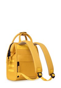 Yellow backpack featuring a textured fabric, dual top handles, and padded shoulder straps with adjustable buckles. Side zipper pocket included.
