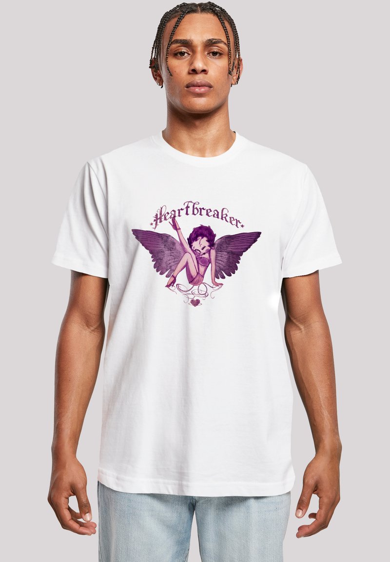 White cotton t-shirt featuring a purple graphic design of a winged character with the text “Heartbreaker” above. Simple crew neck shape.