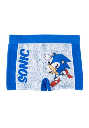 Blaue und weiße Kinder-Badeshorts mit Sonic the Hedgehog, der läuft, und dem Schriftzug "Sonic" auf der vorderen Fläche, verziert mit Stern- und Charakterumrissen.