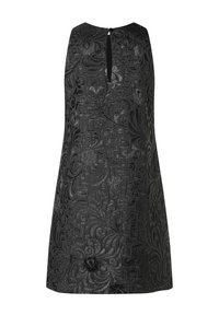 Ein ärmelloses schwarzes Kleid mit einem strukturierten Blumenmuster, rundem Ausschnitt und einem Schlüsselbogen-Detail auf der Rückseite. Weicher Stoff mit lockerer Passform.