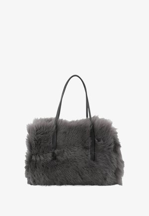 Gray faux fur handbag with a rectangular shape, featuring black leather straps and a soft, textured surface.