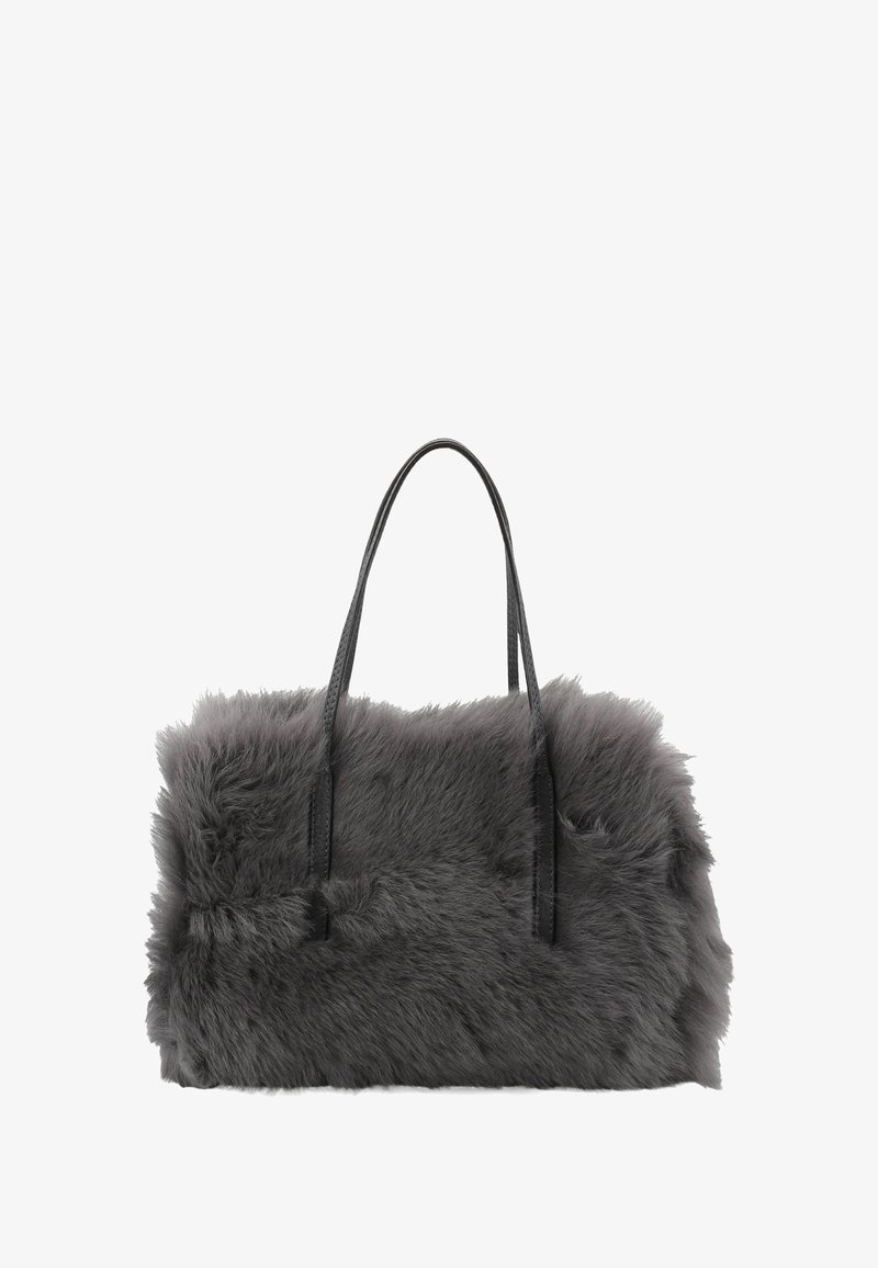Gray faux fur handbag with a rectangular shape, featuring black leather straps and a soft, textured surface.