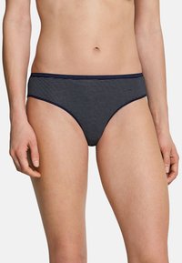 Marineblauwe en witte gestreepte bikini-onderkant met een middelhoge taille, gemaakt van zachte stof, met gladde randen en een comfortabele pasvorm.