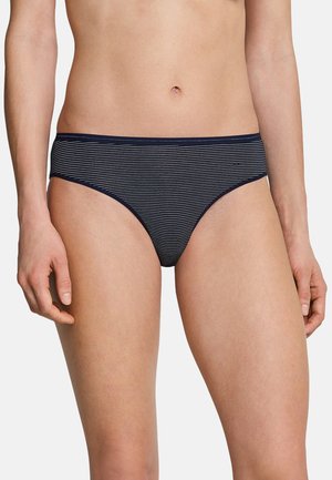 Marineblå og hvidstribet bikini bund med mellemhøj talje, lavet af blødt stof, der har glatte kanter og en behagelig pasform.