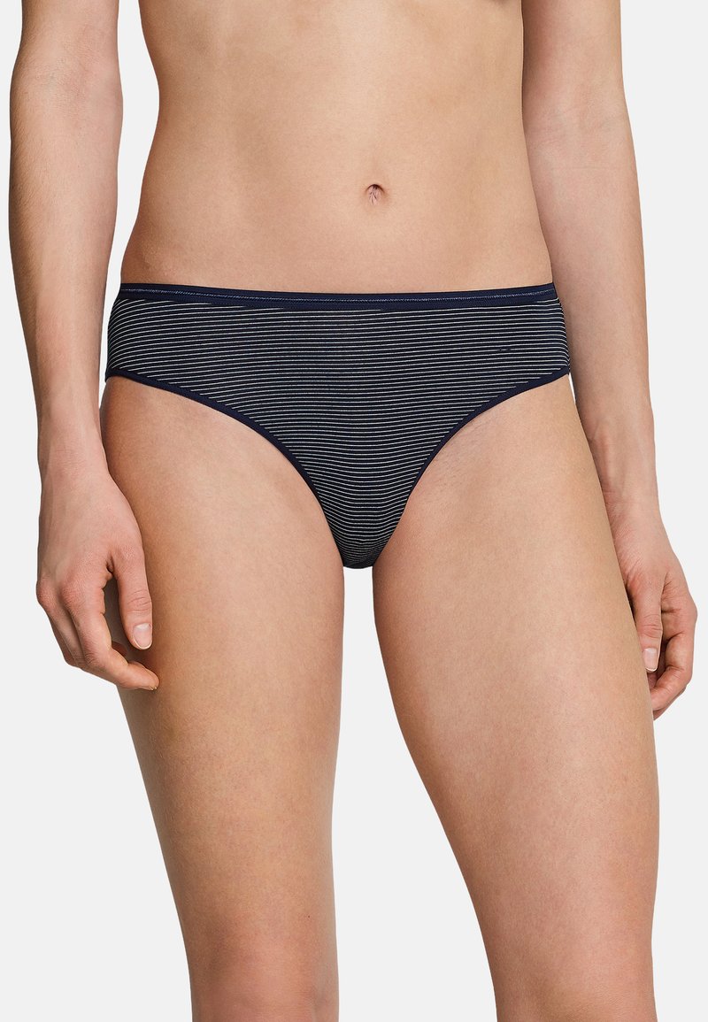 Marineblauwe en witte gestreepte bikini-onderkant met een middelhoge taille, gemaakt van zachte stof, met gladde randen en een comfortabele pasvorm.