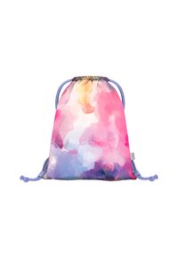 Borsa a sacco con un motivo ad acquerello nei toni del rosa, viola e crema. Il materiale sembra morbido; include un cordoncino e accenti di colore viola chiaro.