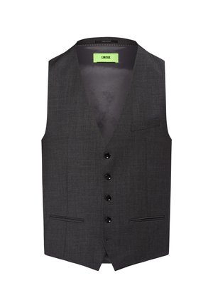Dunkelgraue formelle Weste mit vier schwarzen Knöpfen, drei Fronttaschen und einem V-förmigen Ausschnitt mit einem grünen Markenetikett innen.