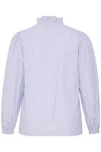 Chemise à manches longues avec un col à volants, présentant des rayures verticales bleues et blanches, des poignets froncés et une coupe décontractée.