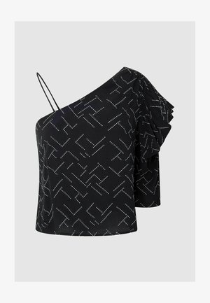 Ühe õlavarrega must topp volangvarrukaga, millel on geomeetrilised valged punktid tekstuurilisel mustril. Reguleeritavad rihmad ja mugav lõige.