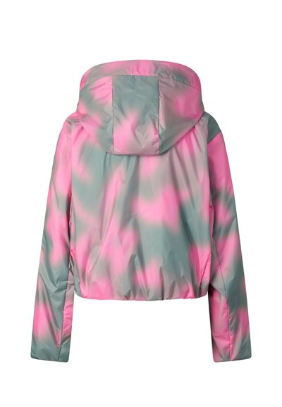 Hættetrøje med pink og gråt camouflage-mønster, lange ærmer og elastisk taljebånd, vist bagfra.