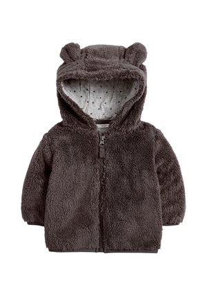 Veste pour bébé duveteuse gris foncé avec une capuche munie de petites oreilles d’ours et une doublure intérieure grise avec des motifs d’étoiles noires.