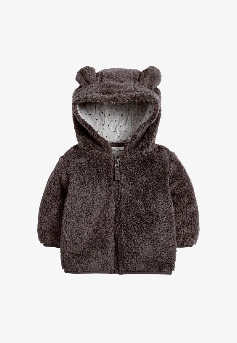 Veste pour bébé duveteuse gris foncé avec une capuche munie de petites oreilles d’ours et une doublure intérieure grise avec des motifs d’étoiles noires.